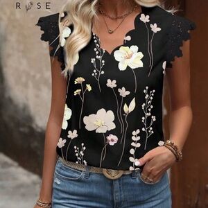 SHEIN Black Floral Crochet Lace Cap Sleeve Blouse